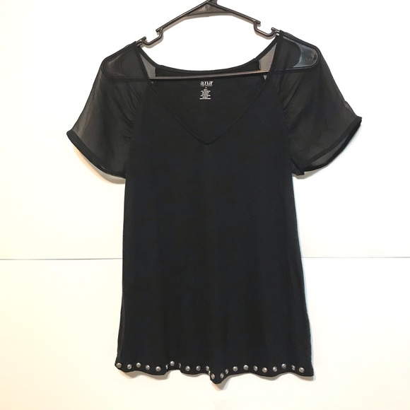 Black Blouse With Studs on bottom, sheer sleeves - Picture 1 of 7